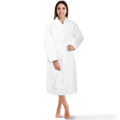 Bawełniany Szlafrok Kimono Gofer Wafel Uniseks Biały