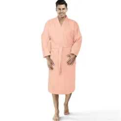 Bawełniany Szlafrok Kimono Gofer Wafel Uniseks Róż Pudrowy