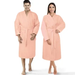 Bawełniany Szlafrok Kimono Gofer Wafel Uniseks Róż Pudrowy