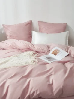 Pościel Queen Premium Satyna Bawełniana ze Złotą Lamówką Biza Pudrowy