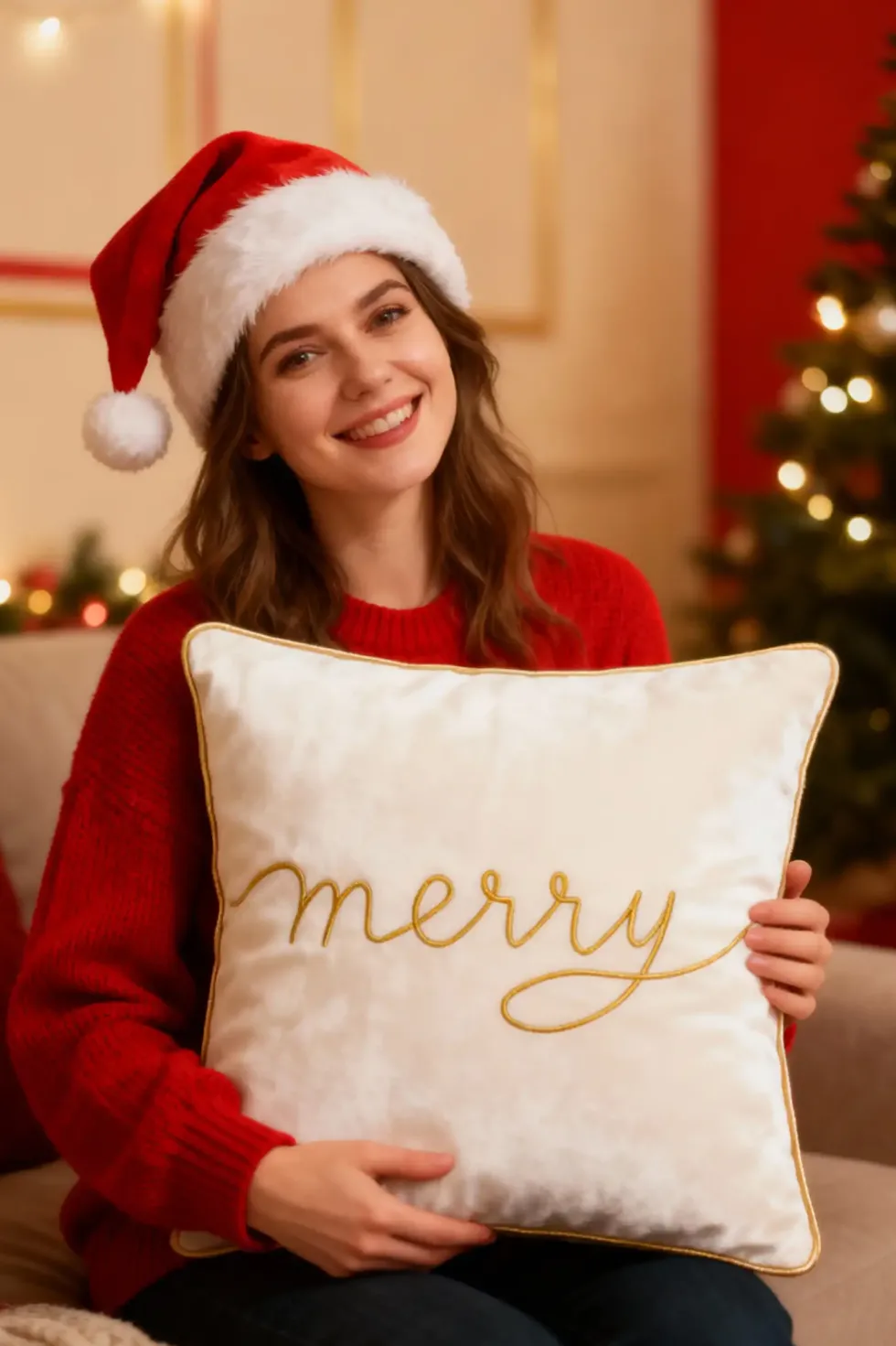 Poszewka Świąteczna MERRY z weluru Biały